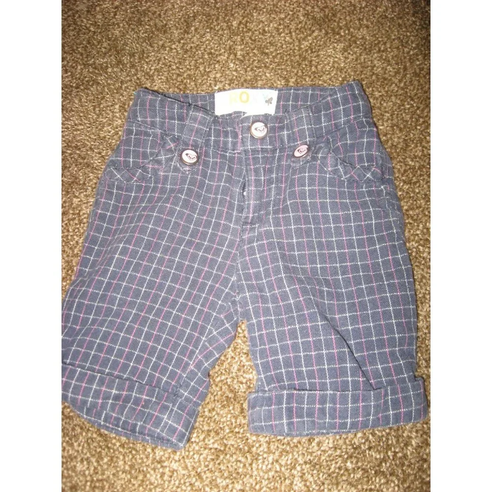 Roxy Dark Blue Plaid Teenie Wahine Long Cotton Shorts Pink Trim GUC 6-9 Months